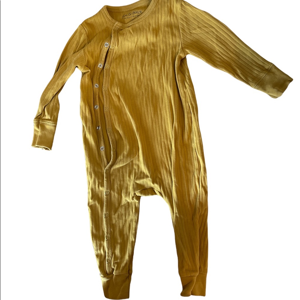 Fin and Vince mustard yellow ribbed romper with button snap detail down front